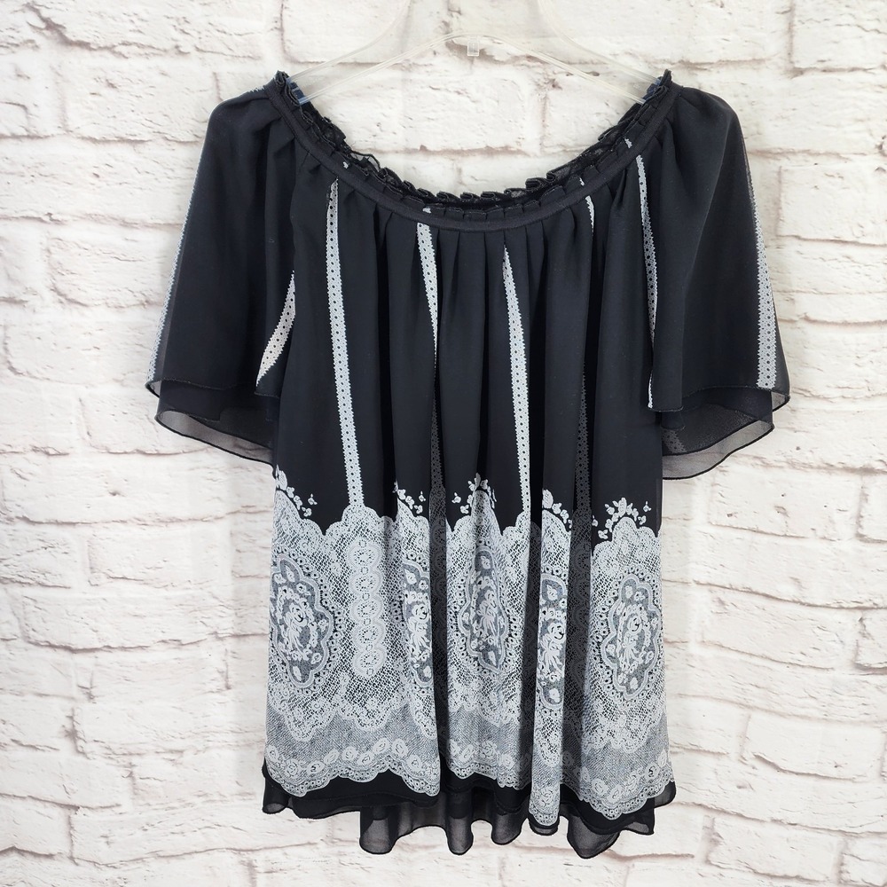 Elementz Whimsigoth Top‎ Size 3X Dark Fairy Coquette Lace Print Flutter Sleeve